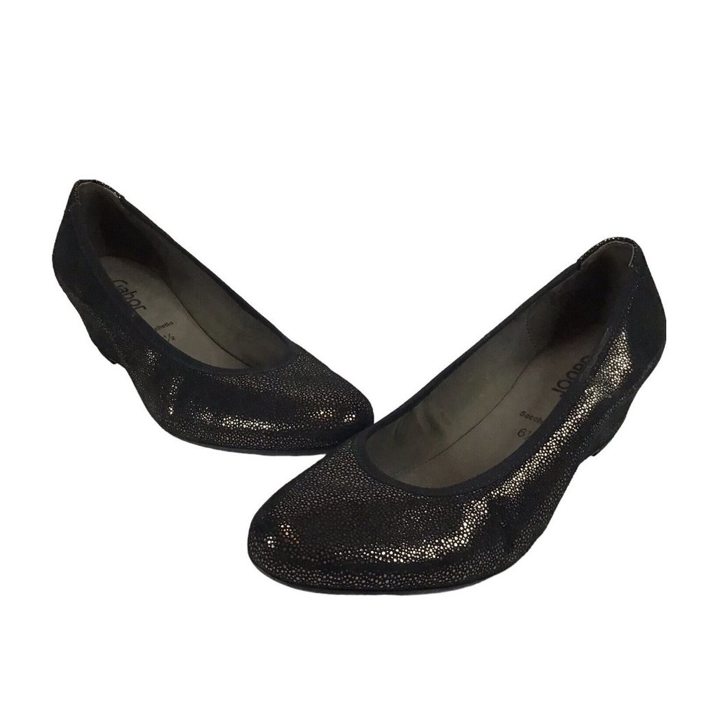 GABOR SACCHETTO Nordstrom Comfort Black Metallic Stretch Low Wedge Heels Sz 6.5